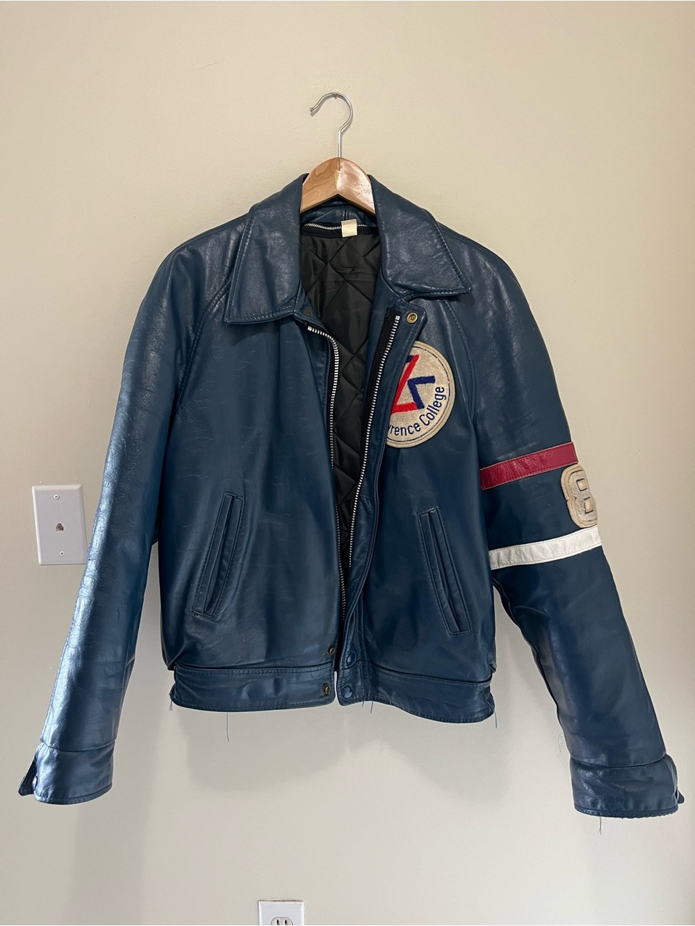 Vtg 1985 St. Lawrence College Blue Leather Varsity Jacket Size 42 Lightning Zip